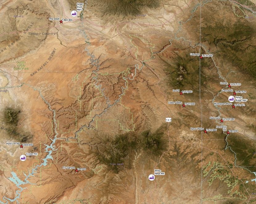 Satellite view of Lisbon Valley in Utah's uranium country