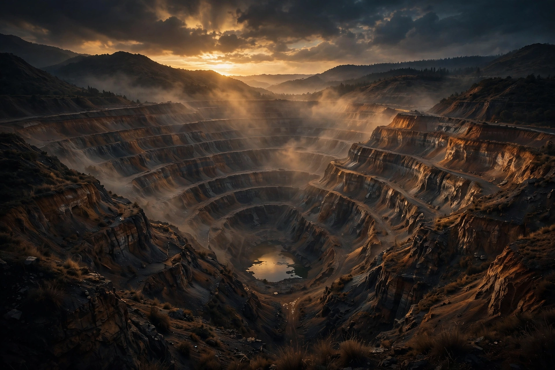 A vast open-pit mine in warm evening light