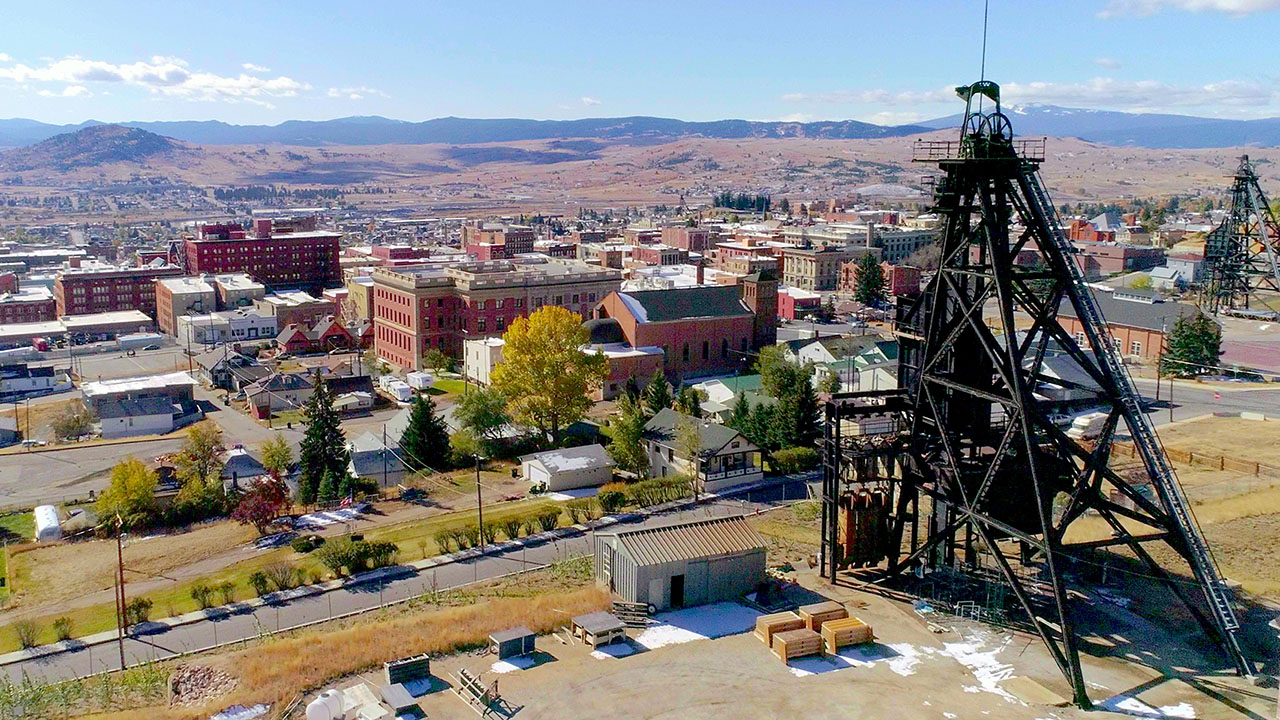Aerial view of Butte, Montana, with historic mine headframes