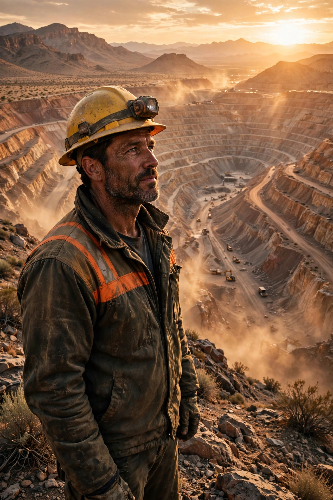 A mining leader standing before an open-pit mine