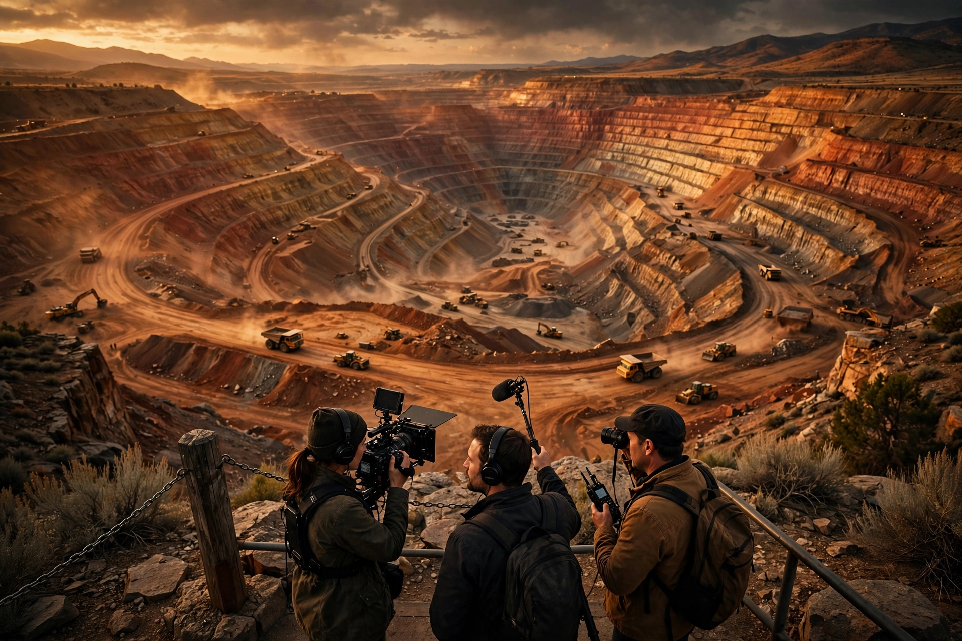 A camera crew filming above an open-pit mine